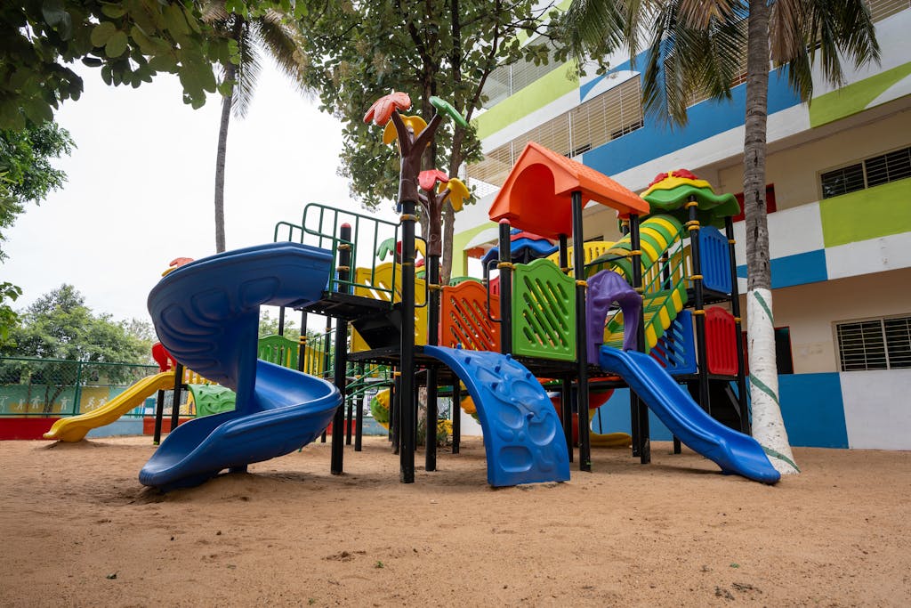 Vibrant outdoor playground equipment for kids in Bengaluru, India.